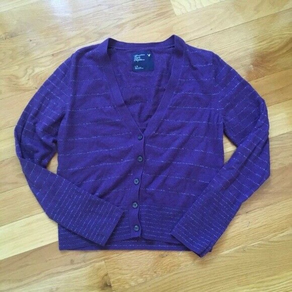 American Eagle Purple Striped Cardigan Sweater L